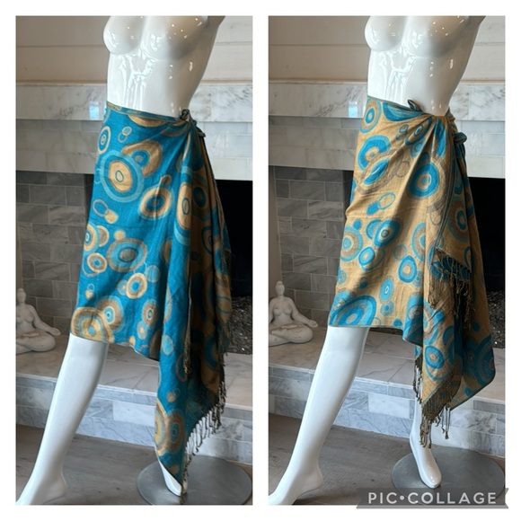 Reversible Turquoise & Brown Circle Print Fringe Pashmina Wrap Scarf or Sarong - Picture 4 of 13